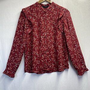 Jasmine &Juliana Semi-Sheer Collarless Long Sleeve Blouse Women Small Red Floral